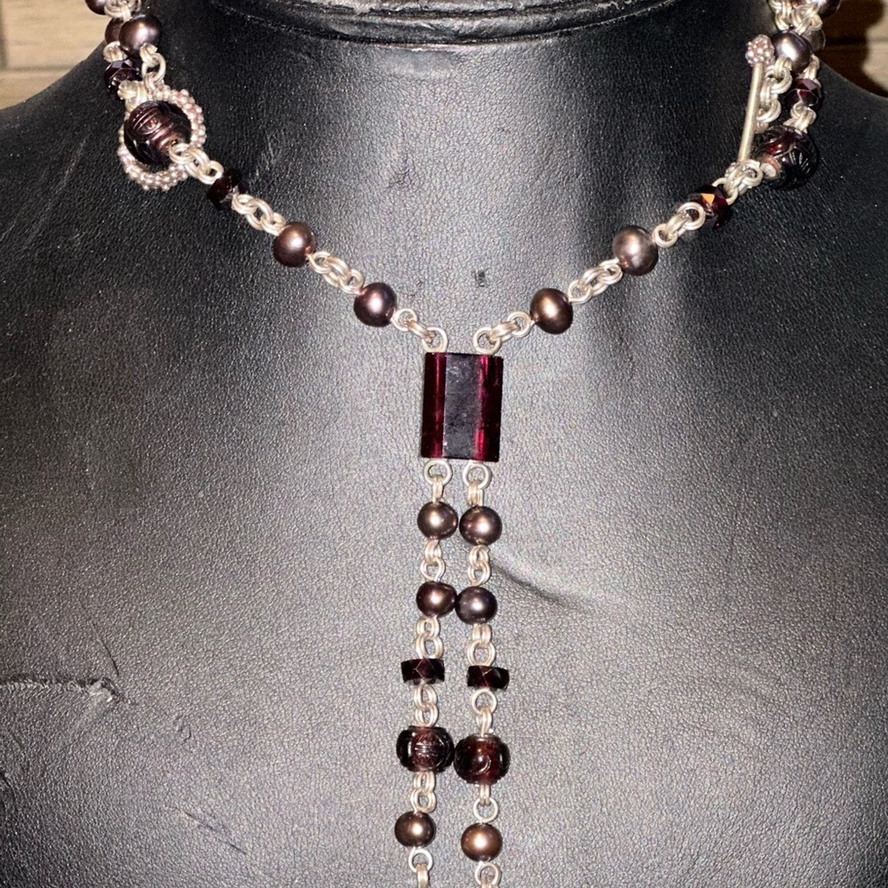 Black and Silver Necklace with Red Gemstone Pendant